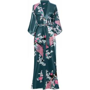 imageBABEYOND Womens Kimono Robe Long Satin Robes with Peacock and Blossoms Printed Kimono NightgownBlack Blue