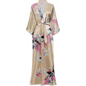 imageBABEYOND Womens Kimono Robe Long Satin Robes with Peacock and Blossoms Printed Kimono NightgownChampagne