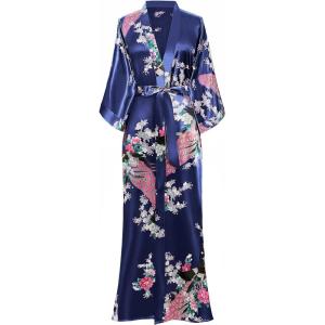 imageBABEYOND Womens Kimono Robe Long Satin Robes with Peacock and Blossoms Printed Kimono NightgownDark Blue