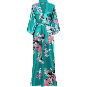 imageBABEYOND Womens Kimono Robe Long Satin Robes with Peacock and Blossoms Printed Kimono NightgownDark Green