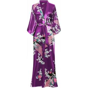 imageBABEYOND Womens Kimono Robe Long Satin Robes with Peacock and Blossoms Printed Kimono NightgownDark Purple