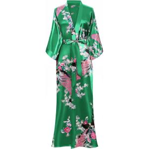 imageBABEYOND Womens Kimono Robe Long Satin Robes with Peacock and Blossoms Printed Kimono NightgownGreen