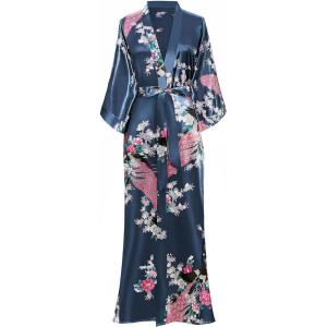 imageBABEYOND Womens Kimono Robe Long Satin Robes with Peacock and Blossoms Printed Kimono NightgownPrussian Blue
