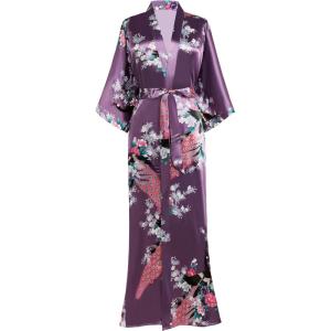 imageBABEYOND Womens Kimono Robe Long Satin Robes with Peacock and Blossoms Printed Kimono NightgownPurple