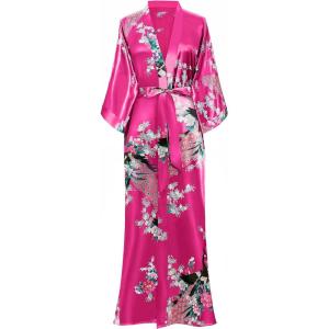 imageBABEYOND Womens Kimono Robe Long Satin Robes with Peacock and Blossoms Printed Kimono NightgownRose Red