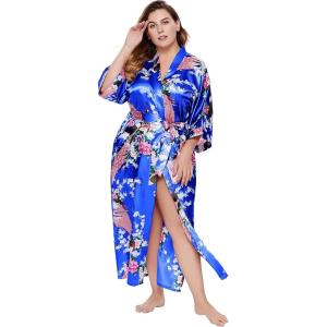 imageBABEYOND Womens Kimono Robe Long Satin Robes with Peacock and Blossoms Printed Kimono NightgownRoyal Blue