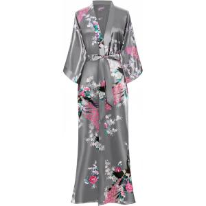 imageBABEYOND Womens Kimono Robe Long Satin Robes with Peacock and Blossoms Printed Kimono NightgownSilver Gray