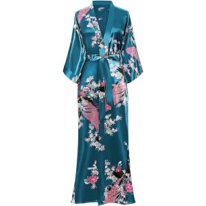 imageBABEYOND Womens Kimono Robe Long Satin Robes with Peacock and Blossoms Printed Kimono NightgownTurquoise
