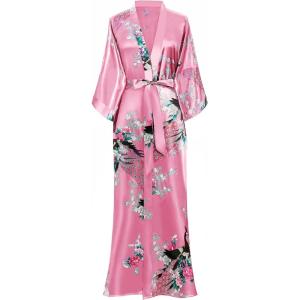 imageBABEYOND Womens Kimono Robe Long Satin Robes with Peacock and Blossoms Printed Kimono NightgownWatermelonred