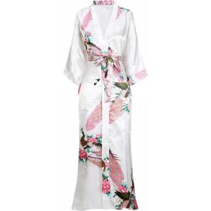 imageBABEYOND Womens Kimono Robe Long Satin Robes with Peacock and Blossoms Printed Kimono NightgownWhite