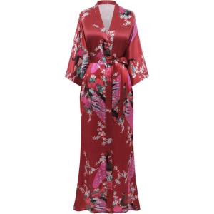 imageBABEYOND Womens Kimono Robe Long Satin Robes with Peacock and Blossoms Printed Kimono NightgownWinered