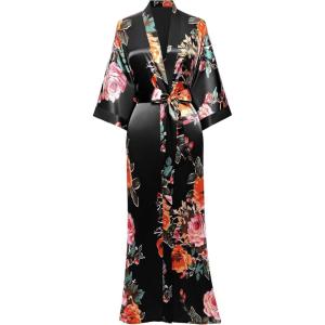imageBABEYOND Womens Kimono Robe Long Satin Silky Floral Lightweight Bridesmaid Wedding Bachelorette Party RobeBlack