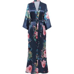 imageBABEYOND Womens Kimono Robe Long Satin Silky Floral Lightweight Bridesmaid Wedding Bachelorette Party RobeBlue