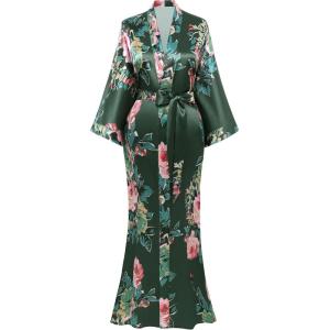 imageBABEYOND Womens Kimono Robe Long Satin Silky Floral Lightweight Bridesmaid Wedding Bachelorette Party RobeBronze Green