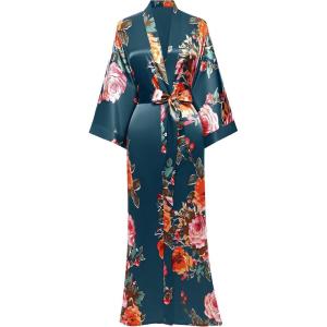 imageBABEYOND Womens Kimono Robe Long Satin Silky Floral Lightweight Bridesmaid Wedding Bachelorette Party RobeDark Green