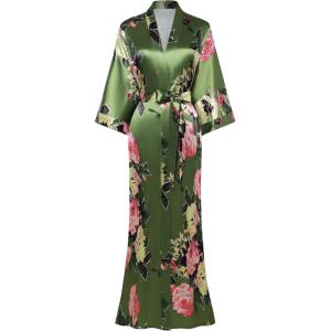 imageBABEYOND Womens Kimono Robe Long Satin Silky Floral Lightweight Bridesmaid Wedding Bachelorette Party RobeGreen