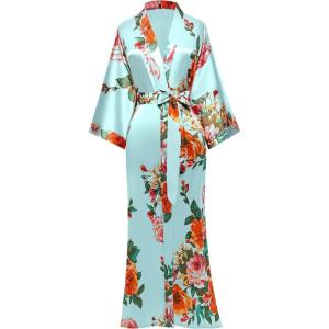 imageBABEYOND Womens Kimono Robe Long Satin Silky Floral Lightweight Bridesmaid Wedding Bachelorette Party RobeLake Blue