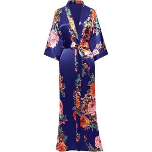imageBABEYOND Womens Kimono Robe Long Satin Silky Floral Lightweight Bridesmaid Wedding Bachelorette Party RobeNavy Blue