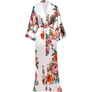 imageBABEYOND Womens Kimono Robe Long Satin Silky Floral Lightweight Bridesmaid Wedding Bachelorette Party RobeWhite