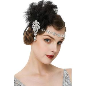 imageBABEYOND Womens Ostrish Feather Crystal Teal Headband Wedding Bridal Feather Headband Flapper Headpiece 1920sBlack