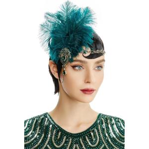 imageBABEYOND Womens Ostrish Feather Crystal Teal Headband Wedding Bridal Feather Headband Flapper Headpiece 1920sCyan