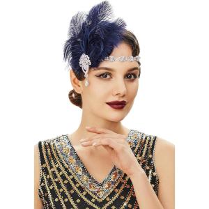imageBABEYOND Womens Ostrish Feather Crystal Teal Headband Wedding Bridal Feather Headband Flapper Headpiece 1920sNavy Blue