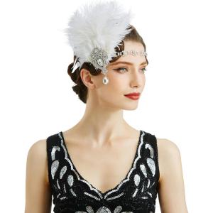 imageBABEYOND Womens Ostrish Feather Crystal Teal Headband Wedding Bridal Feather Headband Flapper Headpiece 1920sWhite