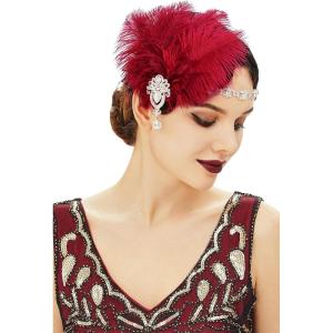 imageBABEYOND Womens Ostrish Feather Crystal Teal Headband Wedding Bridal Feather Headband Flapper Headpiece 1920sWine Red