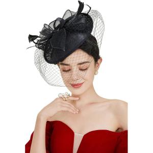imageBABEYOND Womens Pillbox Fascinator Hat Kentucky Feather Derby Tea Party Headpiece with Veil for Cocktail CostumeBlack
