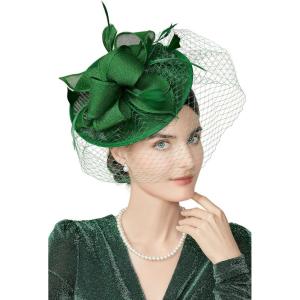 imageBABEYOND Womens Pillbox Fascinator Hat Kentucky Feather Derby Tea Party Headpiece with Veil for Cocktail CostumeGreen