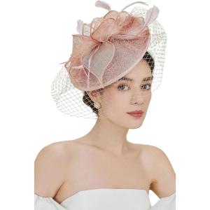 imageBABEYOND Womens Pillbox Fascinator Hat Kentucky Feather Derby Tea Party Headpiece with Veil for Cocktail CostumeNude Pink