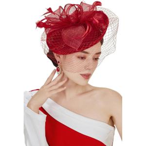 imageBABEYOND Womens Pillbox Fascinator Hat Kentucky Feather Derby Tea Party Headpiece with Veil for Cocktail CostumeRed