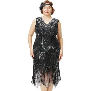 imageBABEYOND Womens Plus Size Flapper Dresses 1920s V Neck Beaded Fringed Great Gatsby DressGlam Black