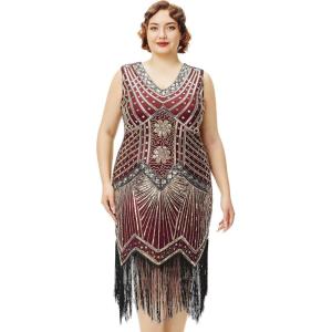 imageBABEYOND Womens Plus Size Flapper Dresses 1920s V Neck Beaded Fringed Great Gatsby DressGold Winered