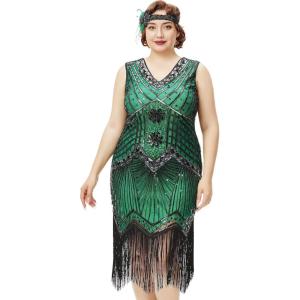 imageBABEYOND Womens Plus Size Flapper Dresses 1920s V Neck Beaded Fringed Great Gatsby DressGreen