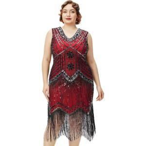 imageBABEYOND Womens Plus Size Flapper Dresses 1920s V Neck Beaded Fringed Great Gatsby DressRed