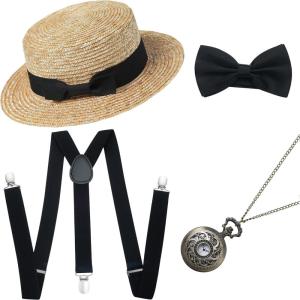 imageBABEYOND 1920s Mens Gatsby Gangster Costume Accessories Set 30s Manhattan Fedora Hat SuspendersBlacky