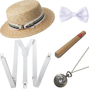 imageBABEYOND 1920s Mens Gatsby Gangster Costume Accessories Set 30s Manhattan Fedora Hat SuspendersGreen