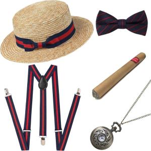imageBABEYOND 1920s Mens Gatsby Gangster Costume Accessories Set 30s Manhattan Fedora Hat SuspendersRed Blue