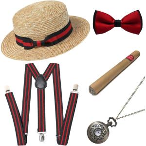 imageBABEYOND 1920s Mens Gatsby Gangster Costume Accessories Set 30s Manhattan Fedora Hat SuspendersSet6
