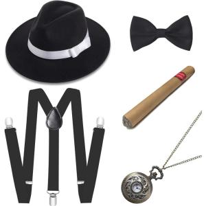 imageBABEYOND 1920s Mens Gatsby Gangster Costume Accessories Set 30s Manhattan Fedora Hat SuspendersSet8