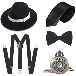 imageBABEYOND 1920s Mens Gatsby Gangster Costume Accessories Set 30s Manhattan Fedora Hat SuspendersStyle2black
