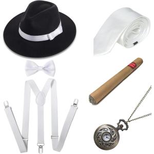 imageBABEYOND 1920s Mens Gatsby Gangster Costume Accessories Set 30s Manhattan Fedora Hat SuspendersStyle2black White