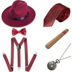 imageBABEYOND 1920s Mens Gatsby Gangster Costume Accessories Set 30s Manhattan Fedora Hat SuspendersStyle2winered