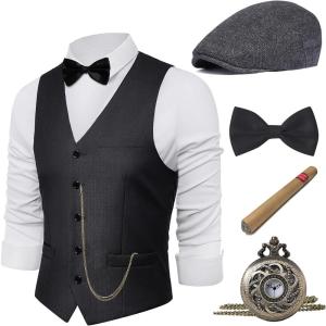 imageBABEYOND 1920s Mens Gatsby Gangster Vest Costume Accessories Set Fedora HatDark Gray