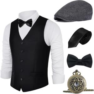 imageBABEYOND 1920s Mens Gatsby Gangster Vest Costume Accessories Set Fedora HatXblack