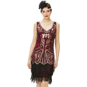 imageBABEYOND Womens Flapper Dresses 1920s V Neck Beaded Fringed Great Gatsby DressGold  Wine Red