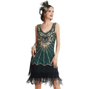 imageBABEYOND Womens Flapper Dresses 1920s V Neck Beaded Fringed Great Gatsby DressGold Green
