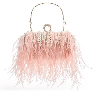 imageBABEYOND Womens Ostrich Feather Clutch  Pearl Evening Bag Shoulder Dress Handbag Purse for 1920s Party Prom Wedding
