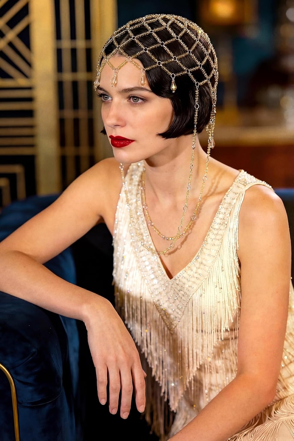 image:imageBABEYOND 1920s Vintage Crystal Beaded Headpiece Decorative Hair Jewelry with Tassels amp Crystals for CostumesGoldGold